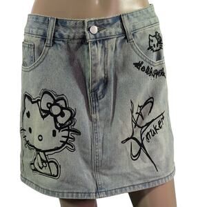 Charming Denim Midi Skirt with Hello Kitty Design - Gray
